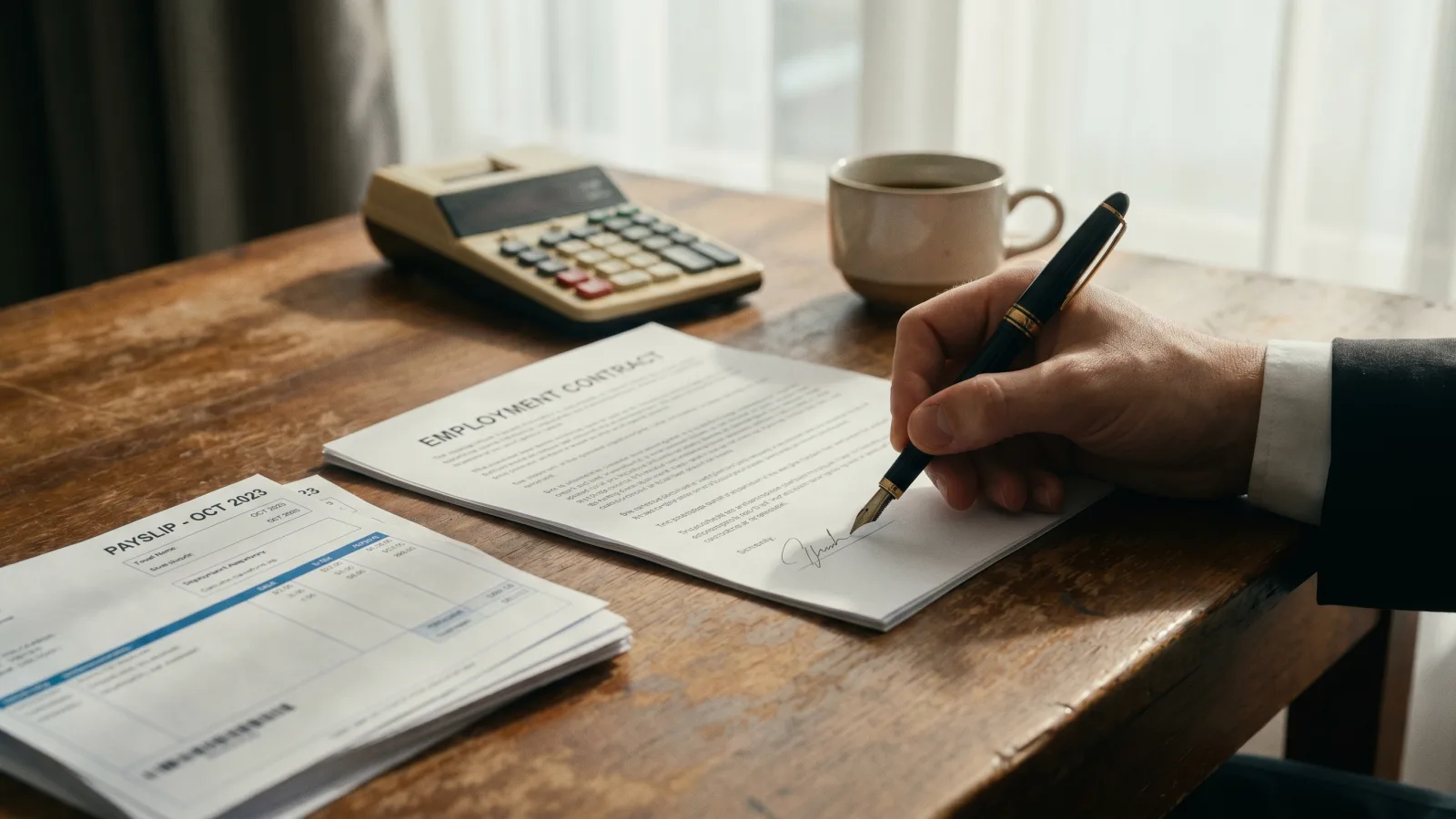 Signature d'un contrat de travail avec calculatrice et bulletins