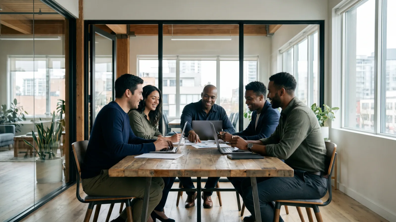 Équipe d'une PME en réunion dans un espace de travail collaboratif