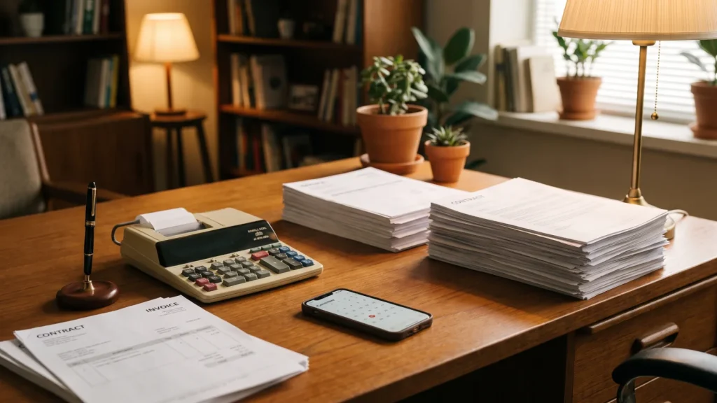 Bureau avec factures, contrats et calculatrice pour la gestion administrative