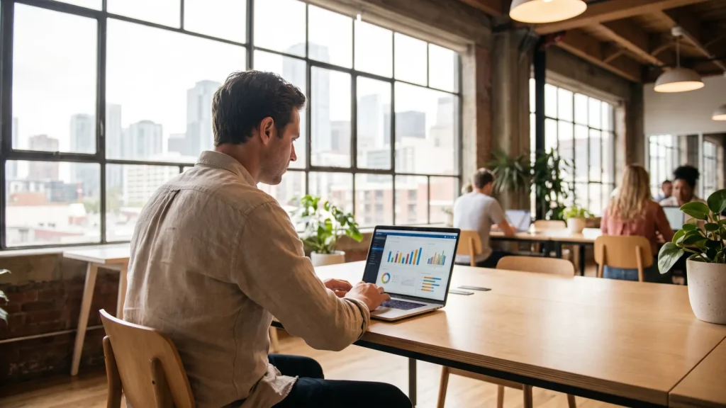 Entrepreneur utilisant des outils gratuits de gestion sur ordinateur dans un bureau