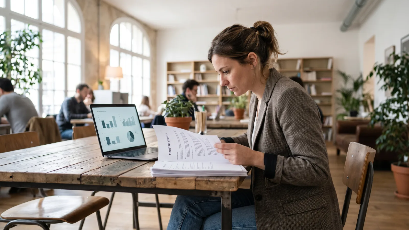 Entrepreneur comparant les statuts juridiques d'entreprise dans un bureau moderne