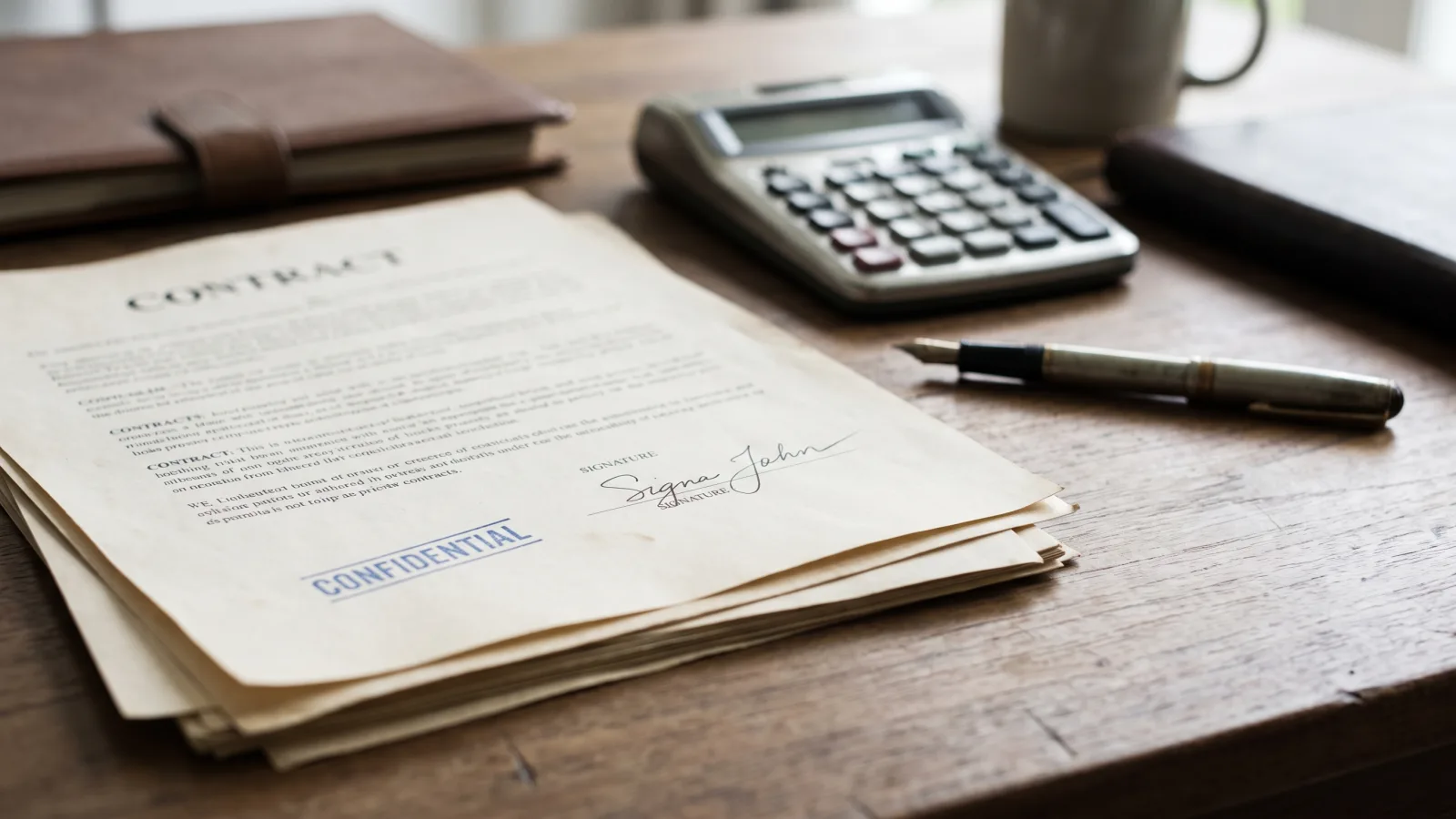 Documents de contrat de sous-traitance, stylo et calculatrice sur un bureau