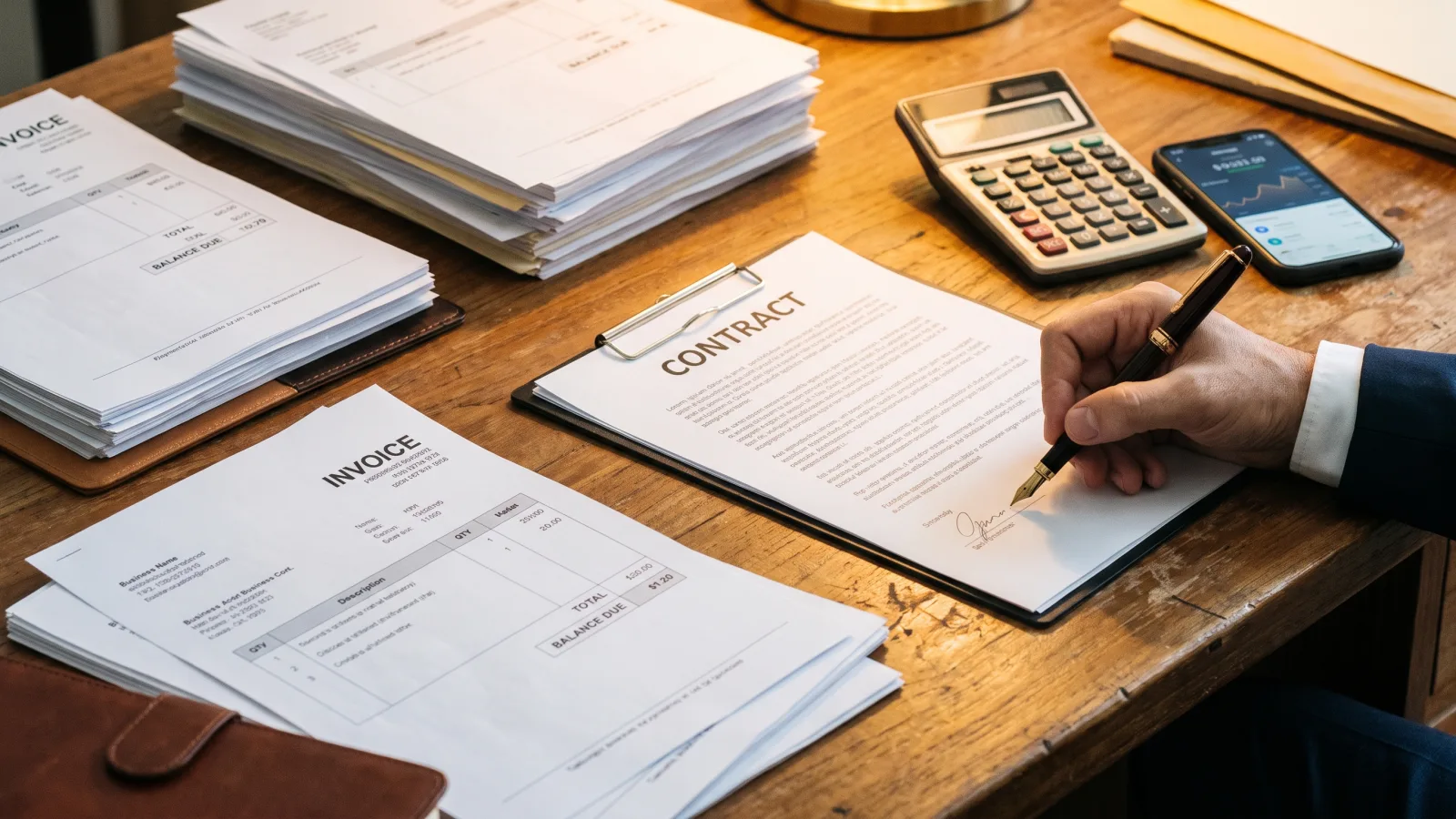 Documents de facturation, calculatrice et signature de contrat sur un bureau