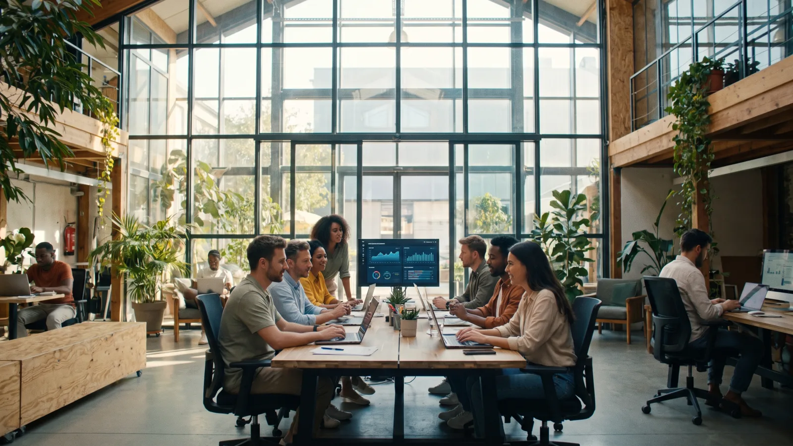 Équipe d'une PME en réunion dans un espace de coworking