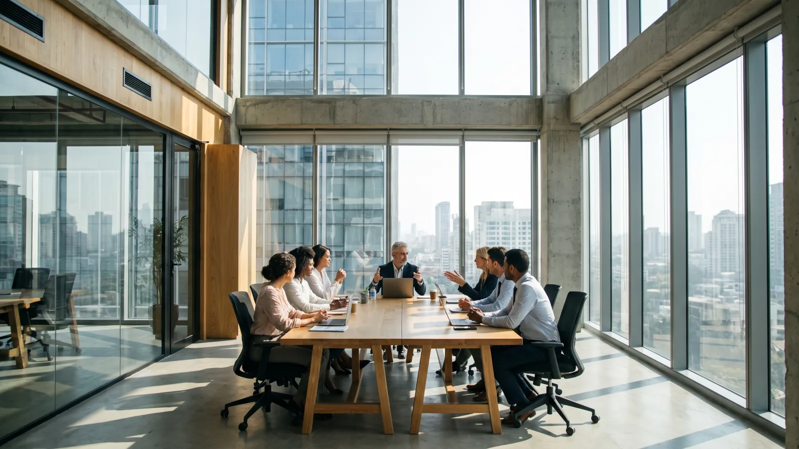Réunion d'équipe dans un bureau moderne, ambiance collaborative